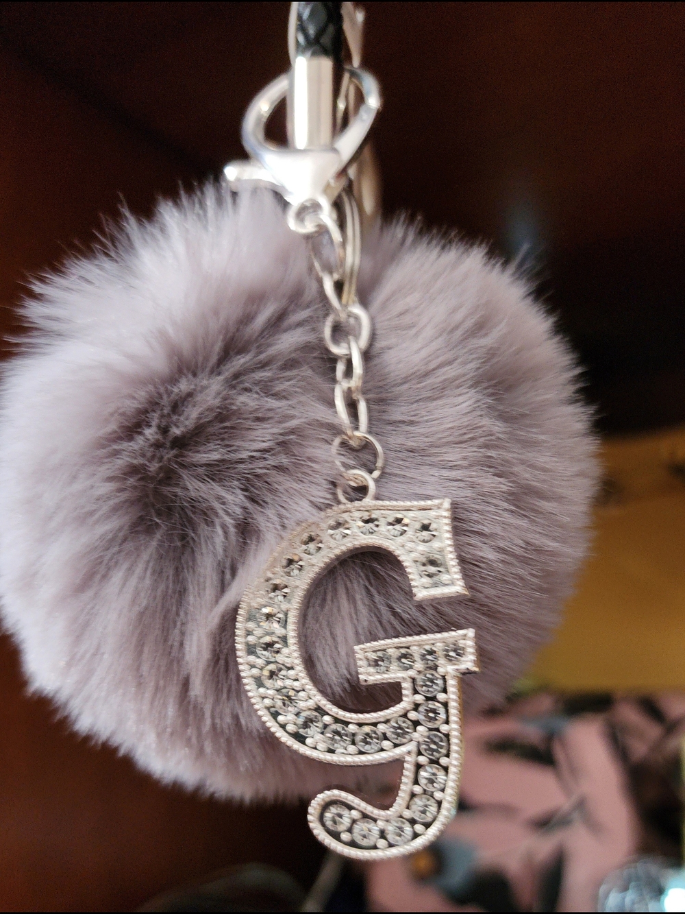 Rhinestone 'G' Initial Bag Charm Pom Pom Keychain - Dusty Lavender